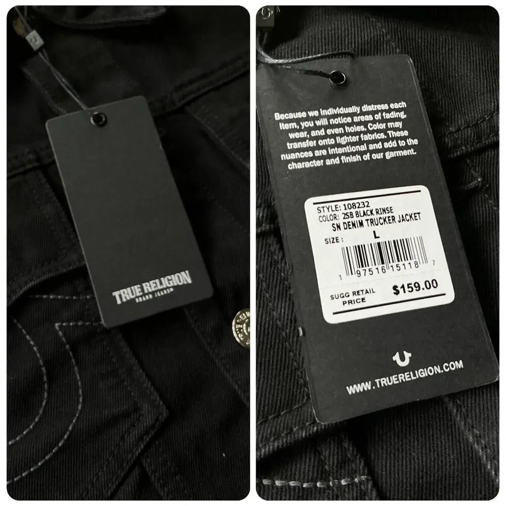 True Religion Jimmy Mens Black Denim Trucker Jacket L Button Front Classic Logo